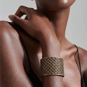 Wide Woven Rhinestone Cuff Bracelet in Antiqued Gold tone!